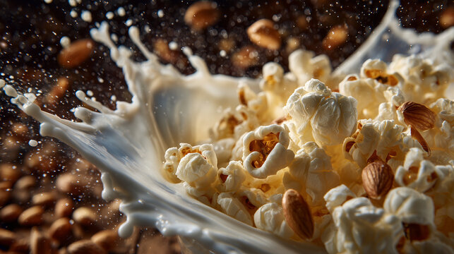 Popcorn kernels mid-air splashing into silky cream, droplets flying outward with vibrant motion blur, highlighting the contrast of crispy and smooth textures in a playful culinary - Powered by Adobe
