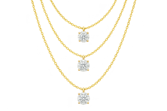 Elegant gold necklaces with diamond pendants, isolated on transparent background