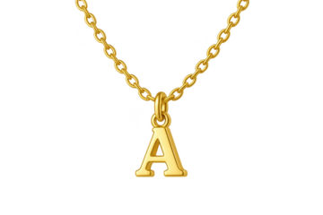Golden initial A pendant necklace isolated on transparent background, jewelry