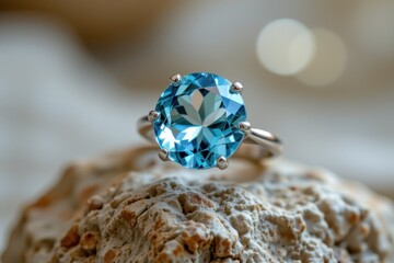detailed render of blue aquamarine crystal in minimalist ring, cool oceanic hues symbolizing calm and clarity, trending in modern jewelry.