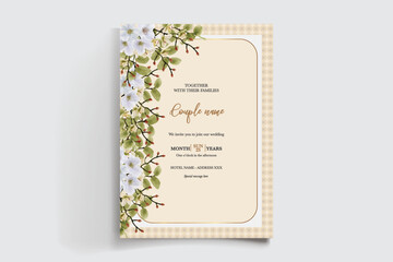 WEDDING INVITATION FRAME WITH FLOWER DECORATIONS AND FRESH LEAVES