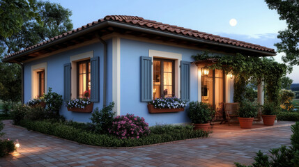 Fototapeta premium Charming blue house with terracotta roof, vine covered walls, blooming flowers, evening light