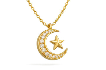 Gold crescent moon and star pendant isolated on transparent background, shine