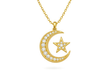 Elegant gold necklace with diamond moon and star pendant isolated on transparent