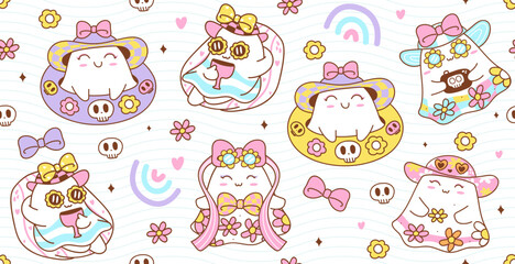 Seamless pattern reto groovy little ghost in spooky summer. Vector illustration.
