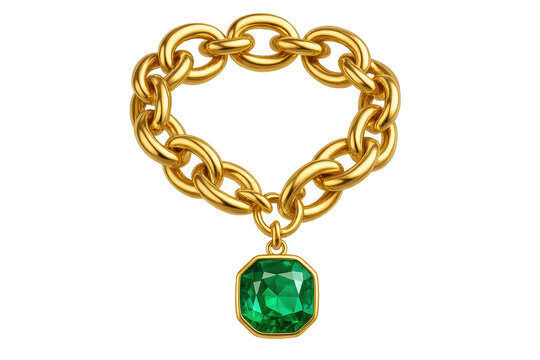 Golden chain necklace with emerald pendant, isolated on transparent background