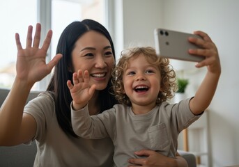 A happy mother and child taking a selfie and waving at the camera.