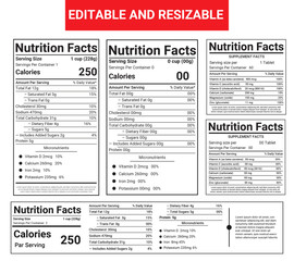 The template of Nutrition facts, supplement facts, nutrition label, nutrition list.