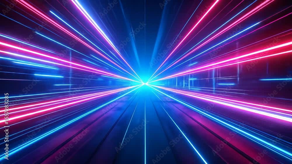 Poster dynamic abstract tunnel of blue and pink light lines with perspective view in dark background