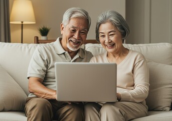 Happy asian senior couple using laptop together at home on a couch.