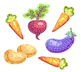 Beetroot, potatoes, eggplant and mosaic-style stamps. Vector illustration. Isolated on white.
