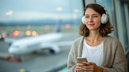 Happy woman tapping on a digital itinerary app, headphones on, soft jazz playing as planes taxi outside the large glass window of a bustling international terminal