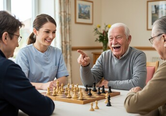 Elderly men and a caregiver enjoy a game of chess, creating a joyful scene.