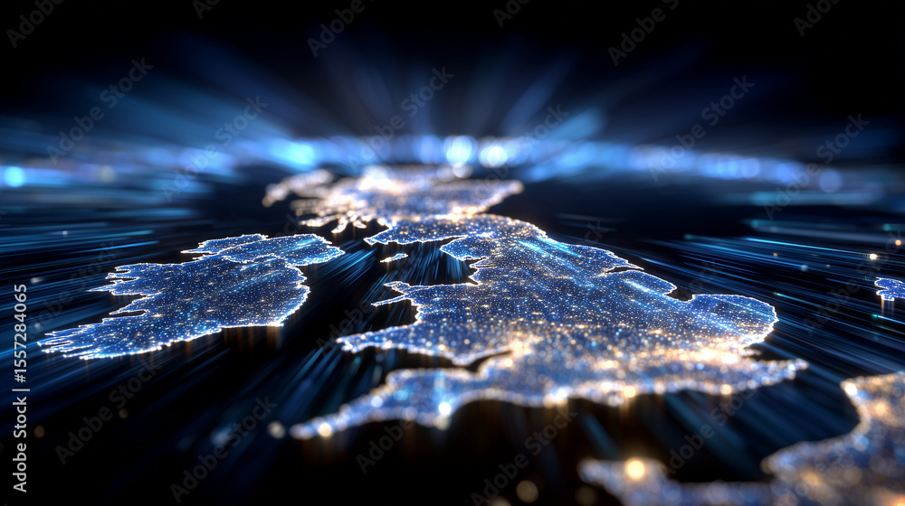 Poster illustration of a stylized uk map pulsating with data lines, surrounded by satellite signals and glo