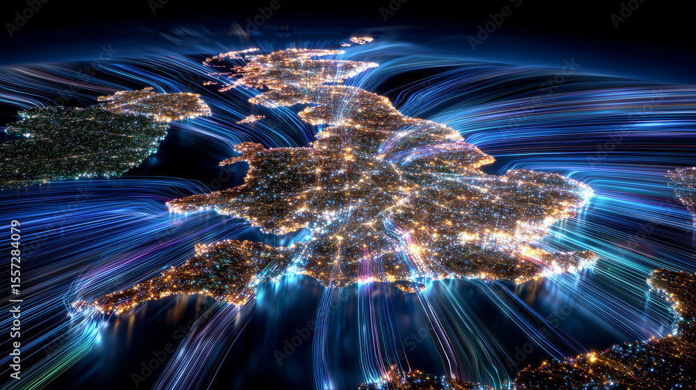 Poster conceptual illustration of the united kingdom with interconnected tech circuits, beams linking to gl