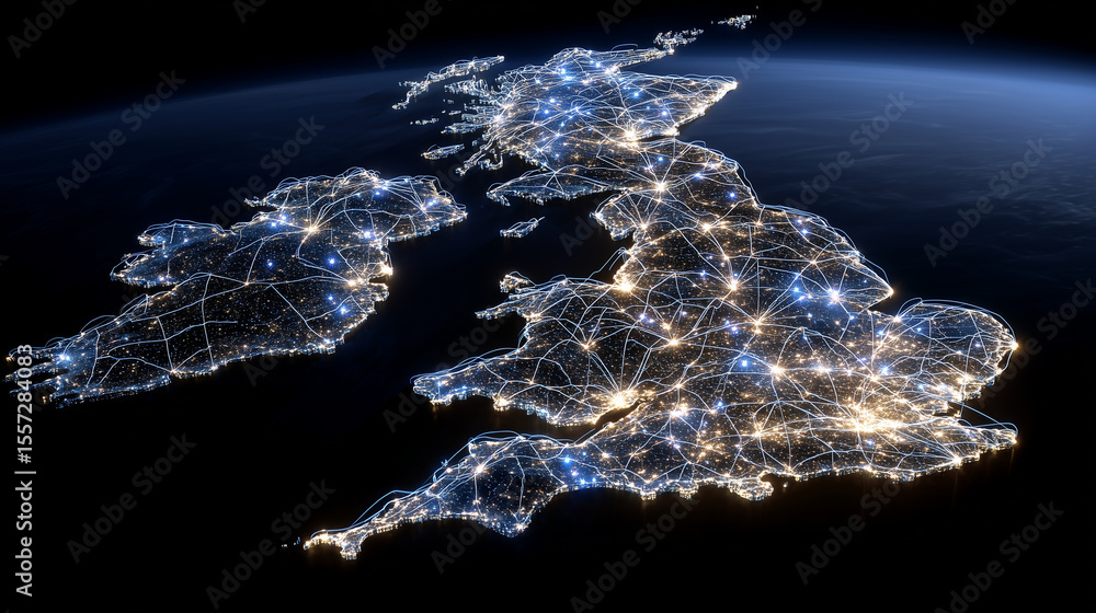 Aufkleber high-detail vector-style uk map with flowing communication arcs, global satellite coverage, and fibe