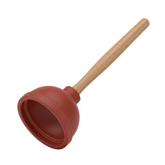 A classic red rubber cup plunger with a smooth wooden handle isolated on a clean white background