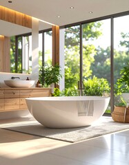 Fototapeta premium A minimalist bathroom featuring a sleek bathtub with clean lines and natural lighting