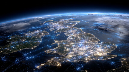 UK map overlaid with a dynamic web of data streams and digital signals, satellites transmitting above, visualizing the core of modern communication systems and cross-continental da