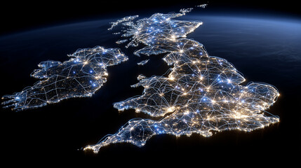 High-detail vector-style UK map with flowing communication arcs, global satellite coverage, and fiber links extending beyond its borders, symbolizing interconnected economies and d