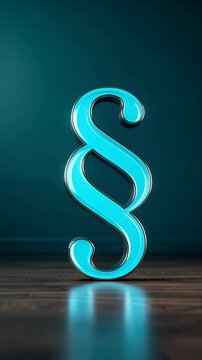 Turquoise paragraph symbol casting reflection on wooden floor against dark teal background, showcasing legal concept and law representation