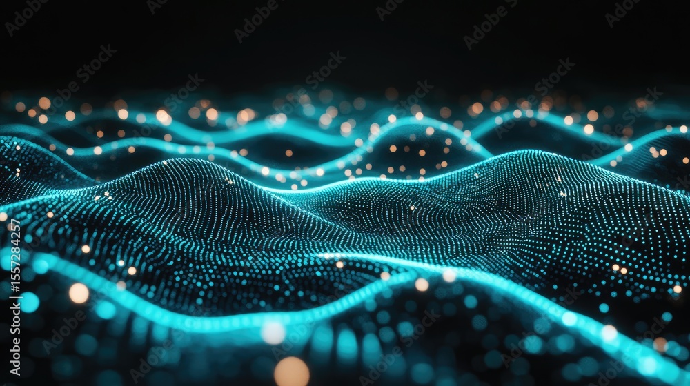 Poster abstract digital wave pattern with glowing points.