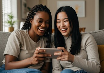 Two happy friends are laughing while looking at a smartphone together in a living room.