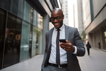 Happy african american manager using mobile phone app for business in metropolitan urban financial district
