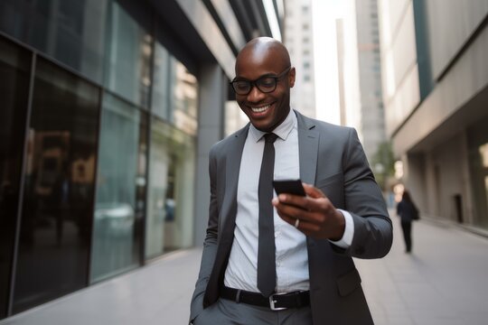 Happy african american manager using mobile phone app for business in metropolitan urban financial district