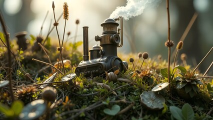Miniature Steampunk engine in Nature: A close-up shot of a meticulously crafted miniature steampunk machine, emitting wisps of smoke as it sits amidst lush green moss and delicate wildflowers.