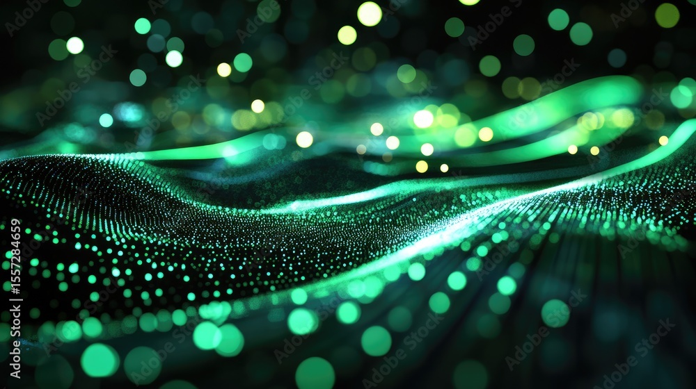 Poster abstract digital design with emerald green particles and glowing lines.