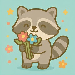 Raccoon holding flowers © Theeraya