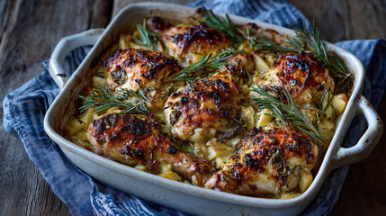 Overhead shot of ceramic dish brimming with baked chicken drumsticks, golden skin crisped to perfection, layered with tender apple pieces and charred onion for a hearty homemade di