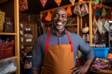 Obraz premium Portrait of a confident mature business owner smiling and wearing an apron while standing in his store