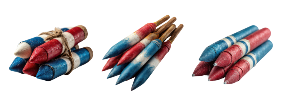 Patriotic Red White Blue Firecrackers Set Isolated on Transparent Background

