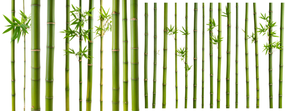  Set of Green Bamboo Stems and Leaves, isolated on transparent background PNG