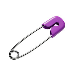A single shiny metal safety pin with a vibrant purple plastic head isolated on a clean white background