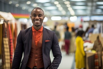 Portrait of a confident african american fashion designer smiling in a textile fair