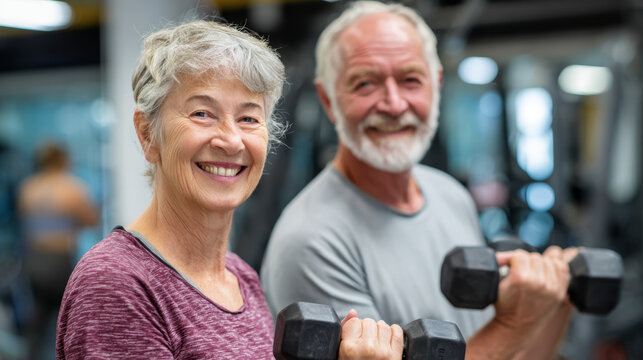A happy senior couple works out together at the gym, lifting weights and smiling.