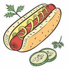 Red sausage hotdog with yellow mustard and green parsley