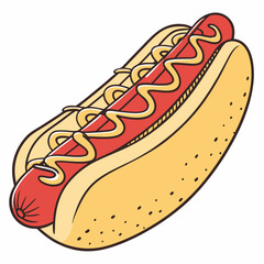 Red sausage with yellow mustard on bun hotdog
