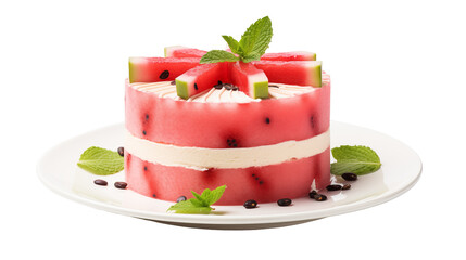 Watermelon-Look Layer Cake – Unique Summer Party Treat, Creative Fruit-Inspired Summer Cake – Watermelon Dessert Idea, Refreshing Watermelon Cake with Cream Layers and Mint Garnish

