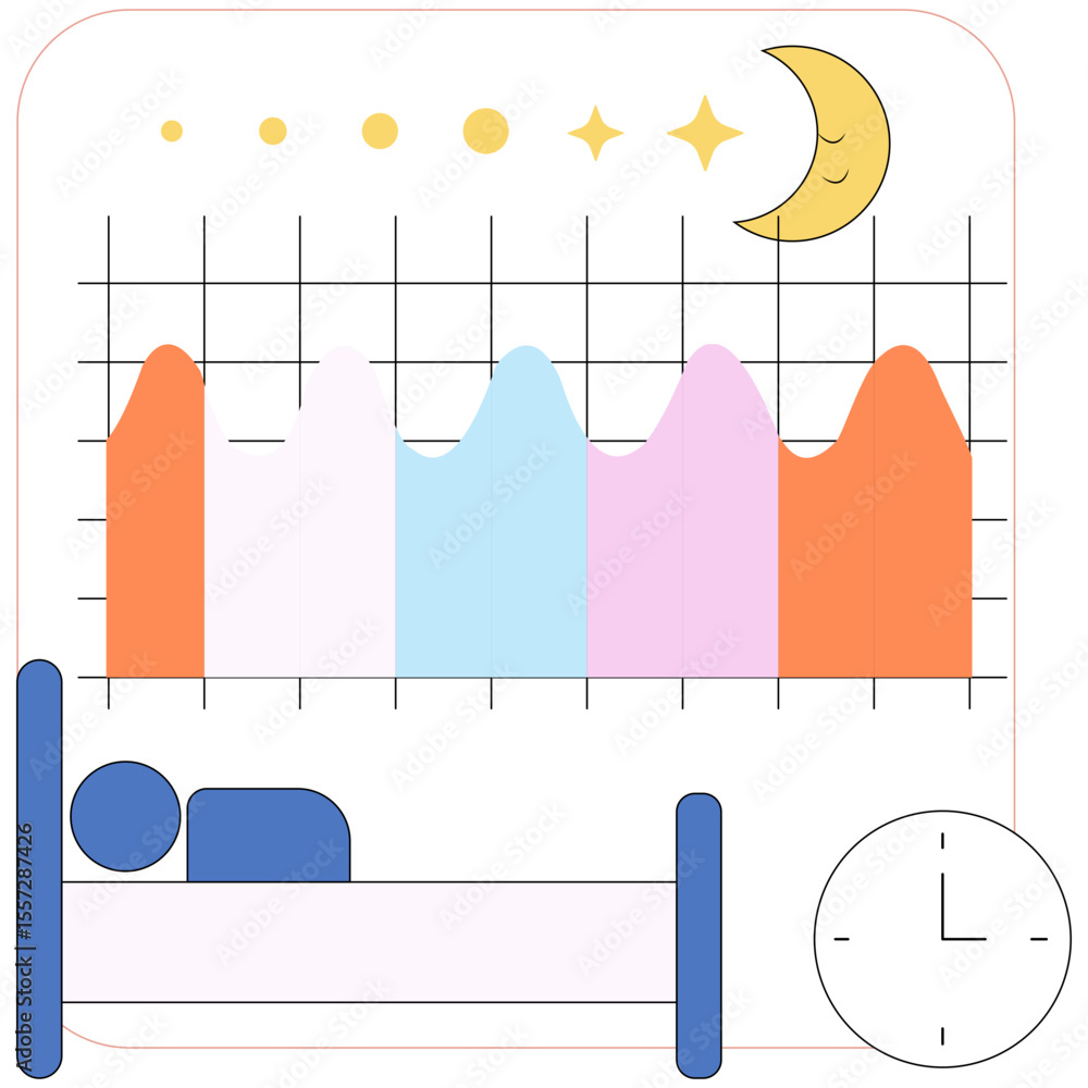 Fototapete flat line graph illustrating sleep patterns across days with moon and bed icons in a minimal infogra