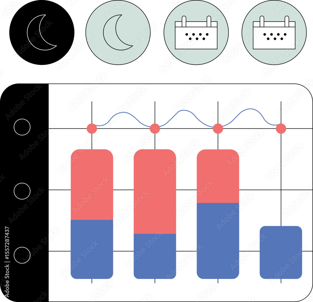 Fototapete flat line graph showing sleep patterns with moon and bed icons alongside daily time markers in a cle