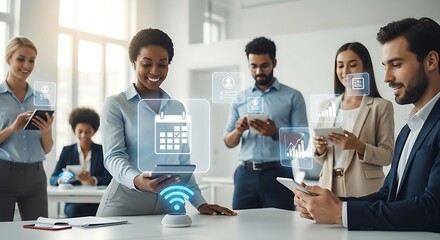 Diverse business professionals collaborate in a modern office using digital tablets and wireless connection for planning