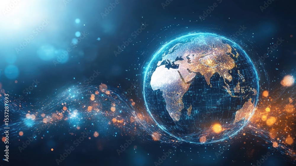 Poster digital representation of the earth with glowing network patterns.