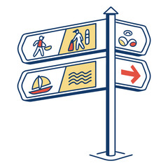 Beach directional signpost with icons travel