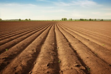 Furrows in plowed field creating parallel lines stretching towards horizon under a blue sky