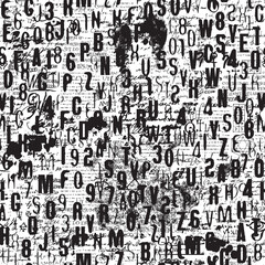 Abstract seamless pattern consisting of font. Vector background with capital English Latin letters and handwritten text. Wallpaper, wrapping paper, ceramic tile, t-shirt design, fabric, textile. No ai