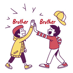 Two cartoon boys high fiving with red text and yellow cap